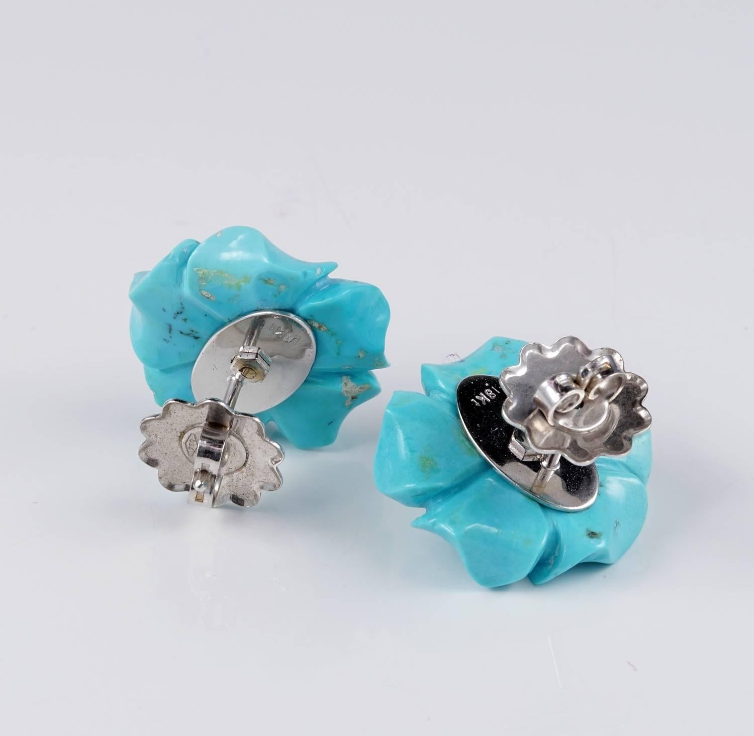 Vintage Flower Head Turquoise Diamond Earrings In Good Condition In Napoli, IT