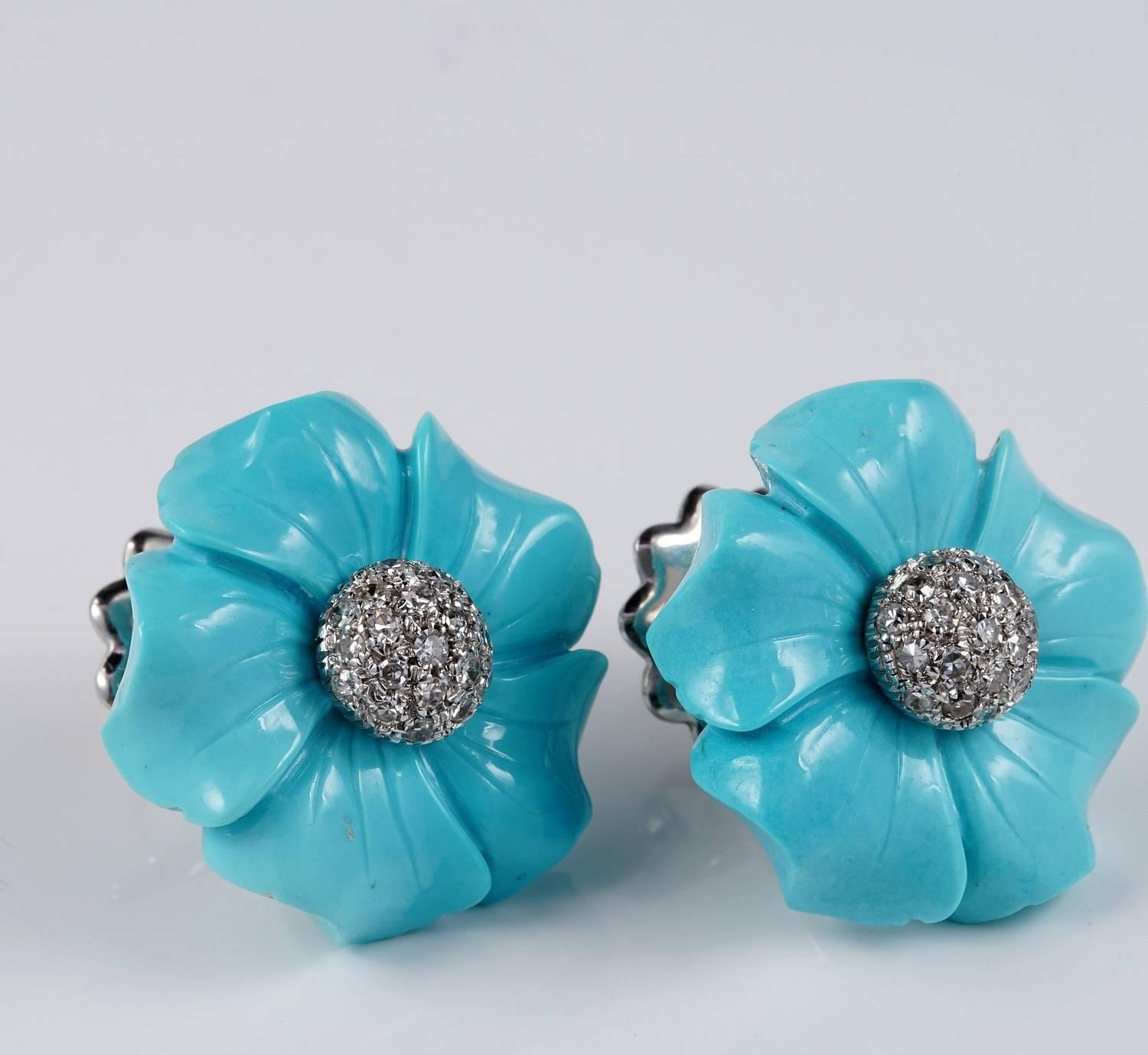Chic and feminine vintage Natural Turquoise and Diamond earrings of Italian origin 1960 Ca
Stunning flower shape expertly hand carved and polished from Natural untreated Turquoise rough gemstone – each flower has a round heart surmounted by old cut
