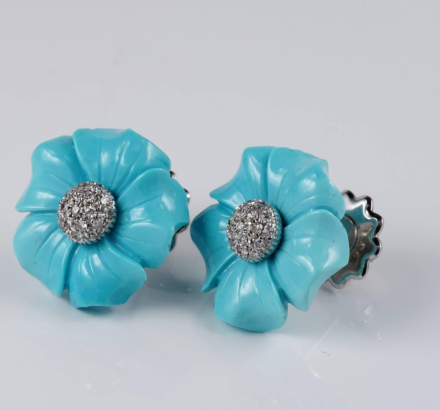 Contemporary Vintage Flower Head Turquoise Diamond Earrings