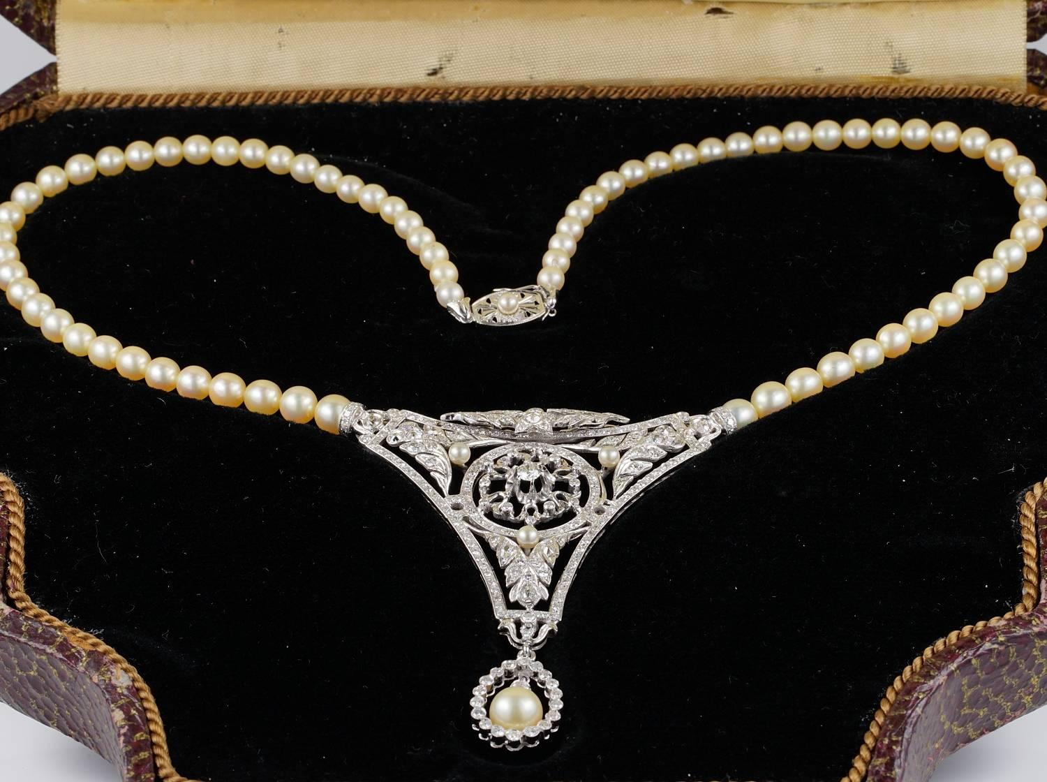 Art Deco Eare Boxed 7.0 Carat Diamond Pearl Rare Necklace For Sale