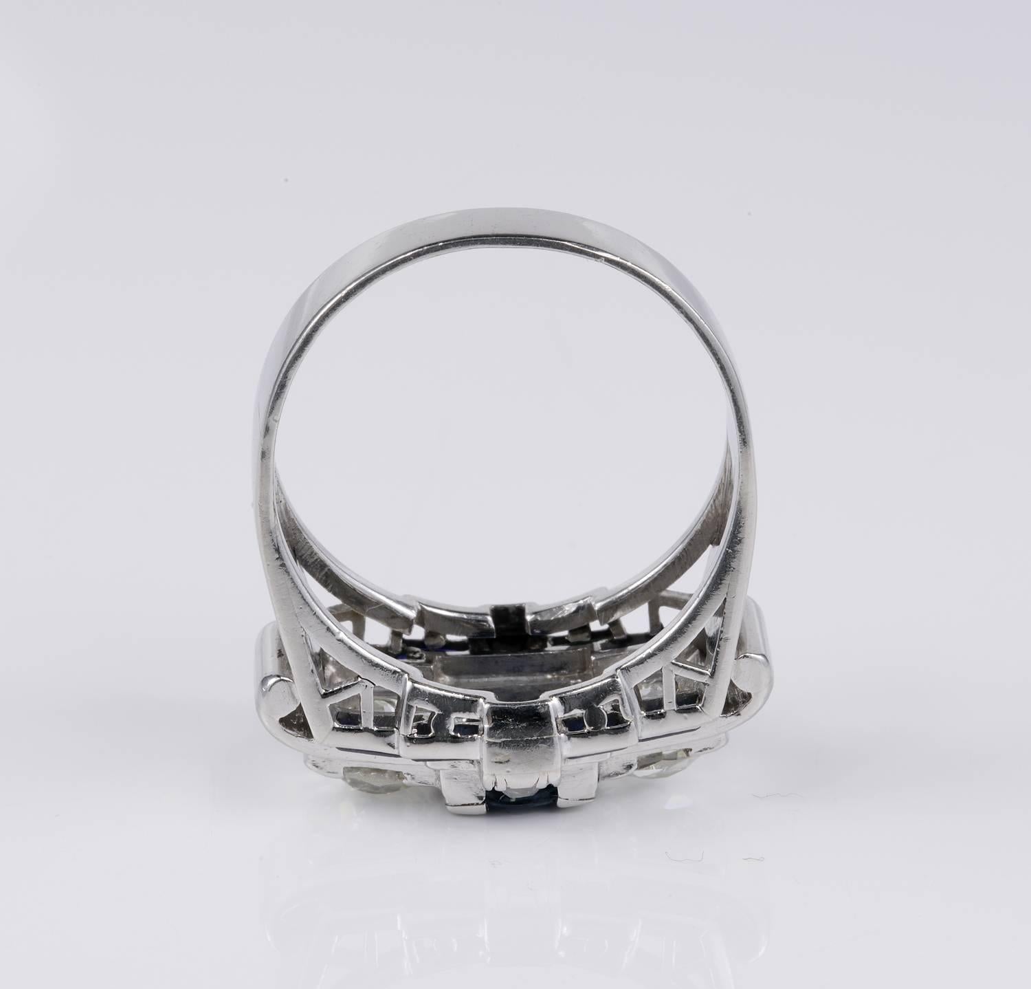 Art Deco Natural No Heat Sapphire 1.65 Carat G /VVS Old Diamond Platinum Ring In Good Condition In Napoli, IT