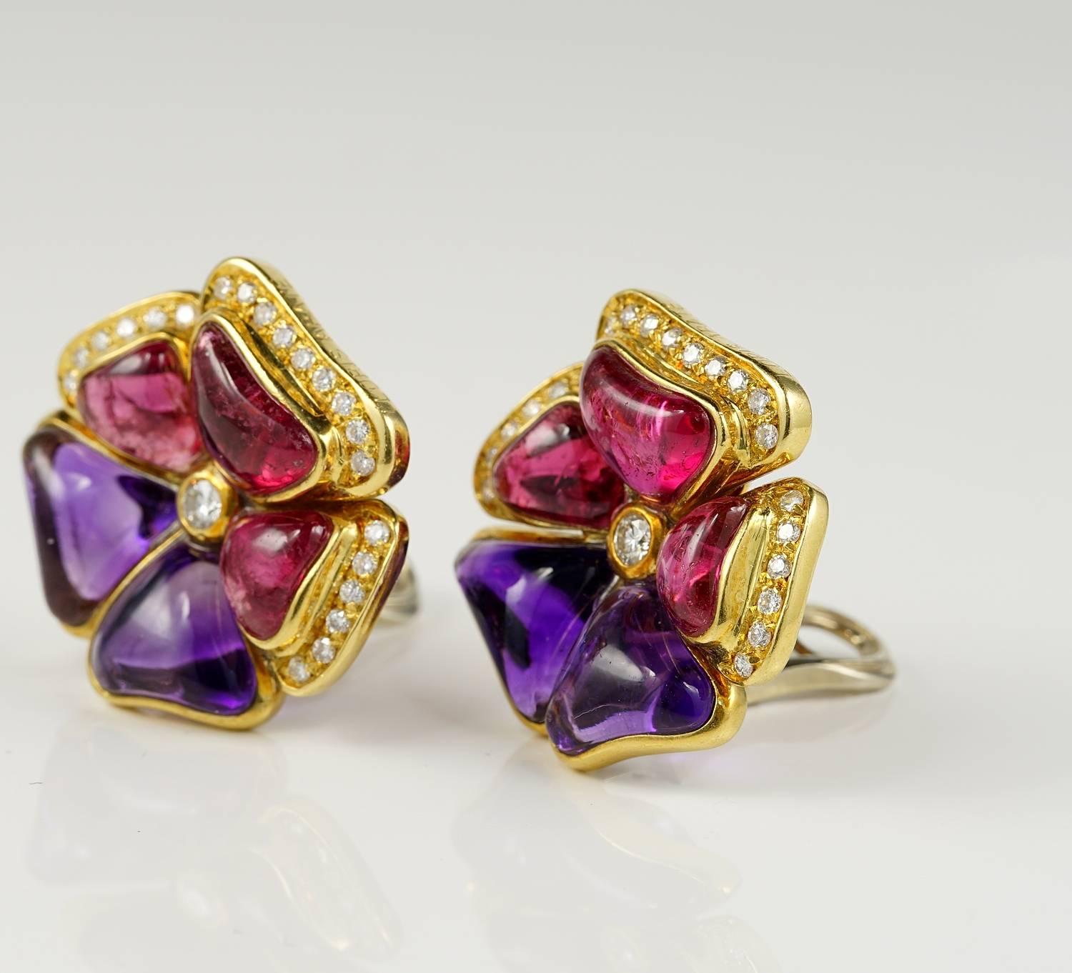 Contemporary Signed Rubellite Amethyst Diamond Rare Pansy Earrings