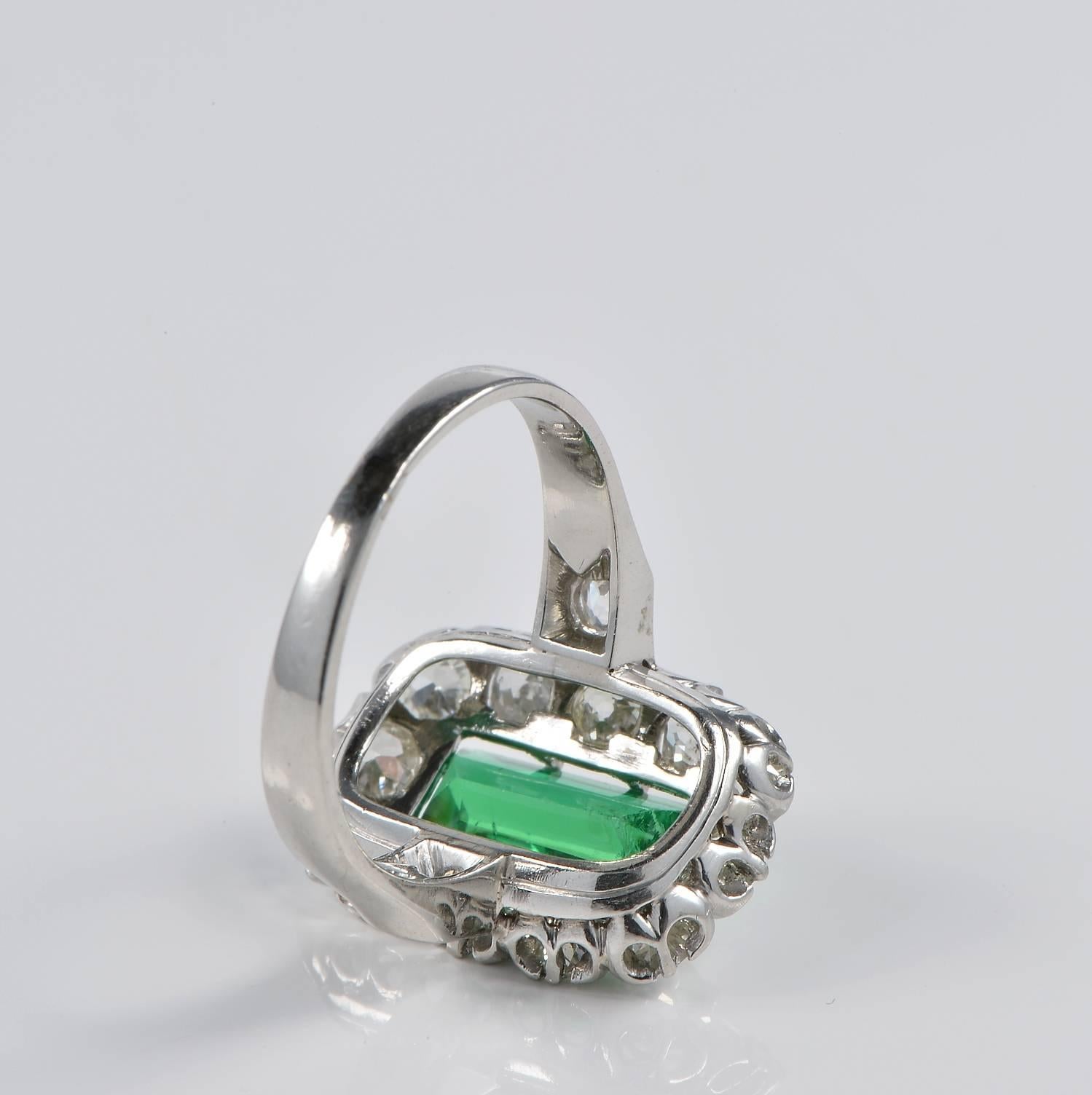 Emerald Cut Vintage 1.60 Carat Colombian Emerald 2.20 Carat Mine Cut Diamond Platinum Ring