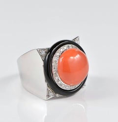 Vintage Diamond Onyx Salmon Coral Ring