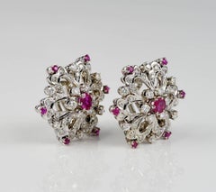 Vintage 1.0 Carat Ruby 1.95 Carat Diamond Unique Flower Earrings