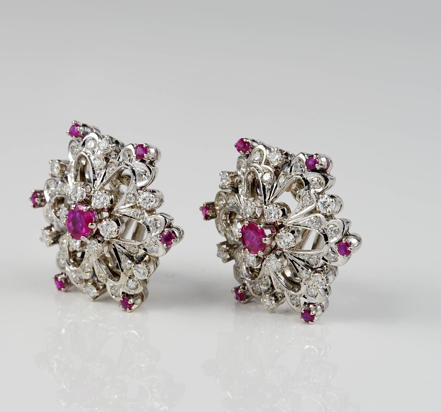 Contemporary Vintage 1.0 Carat Ruby 1.95 Carat Diamond Unique Flower Earrings For Sale