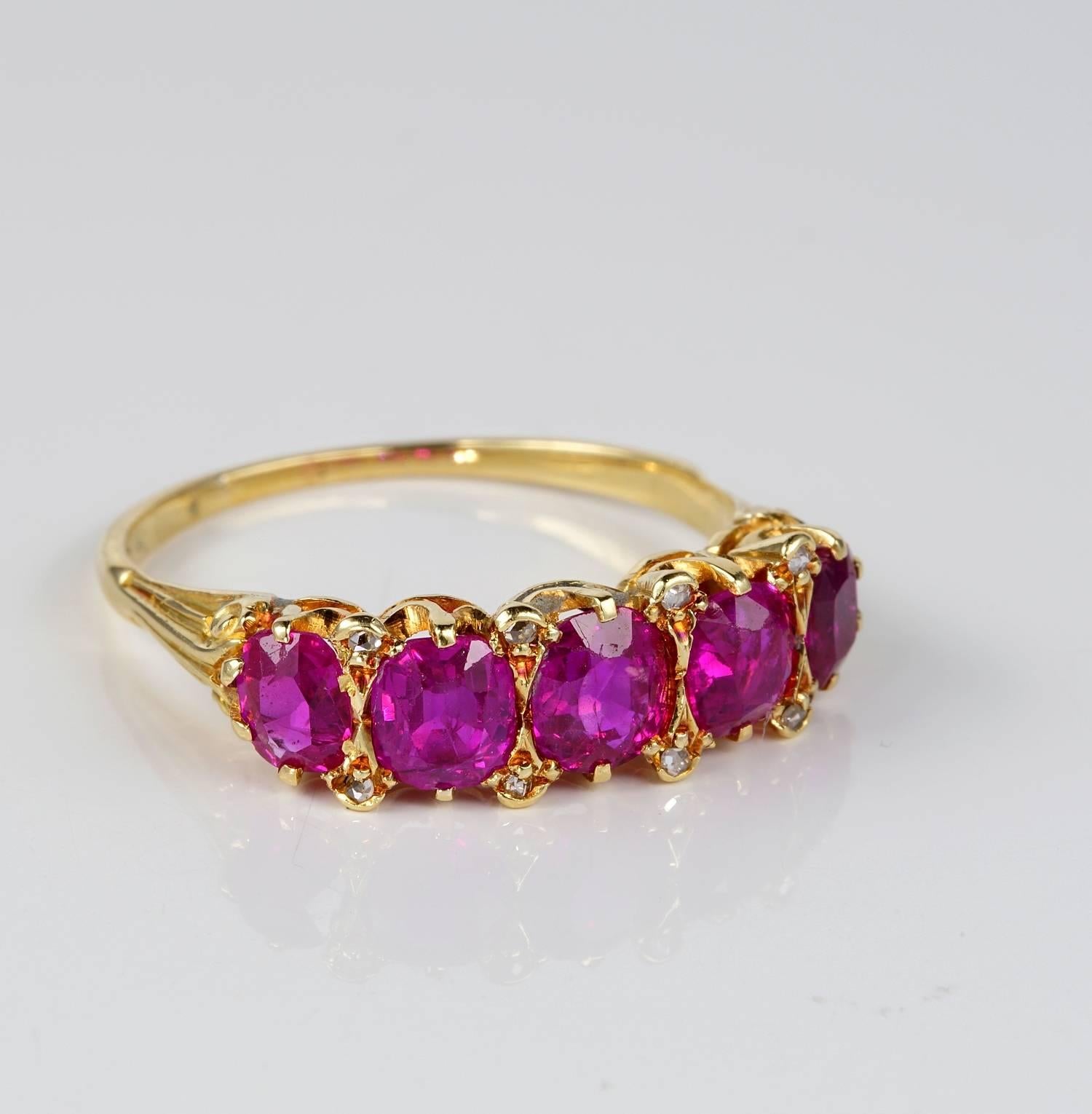 Spectacular and rare Victorian five stone English ring set with Natural, untreated, unheated Burma Rubies full certified by London 
Gem lab.
Stunning Red colour Burmese Rubies, the most desirable, cushion cut, well matched in colour totalling 3.20
