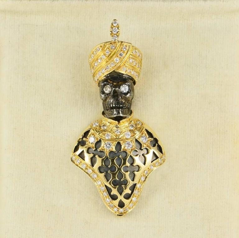 Rare Memento Mori Skull Black Moor Diamond Gold Brooch Pendant For Sale
