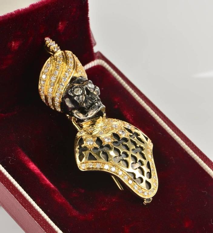Rare Memento Mori Skull Black Moor Diamond Gold Brooch Pendant For Sale
