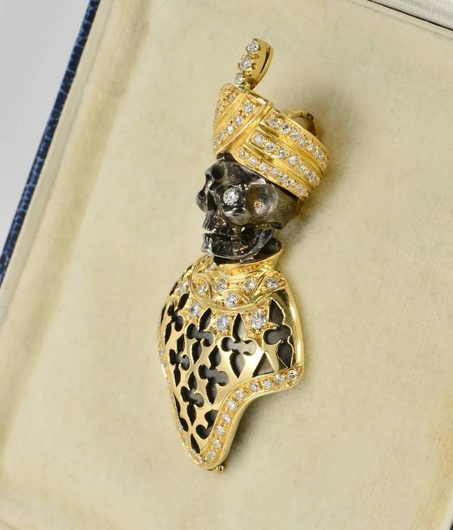 Rare Memento Mori Skull Black Moor Diamond Gold Brooch Pendant For Sale