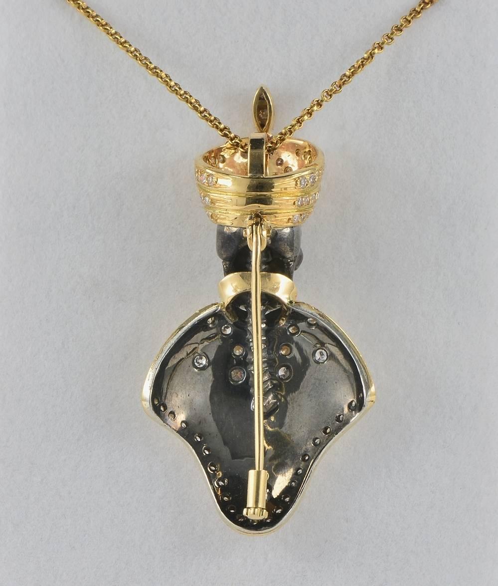 Artist Rare Memento Mori Skull Black Moor Diamond Gold Brooch Pendant For Sale
