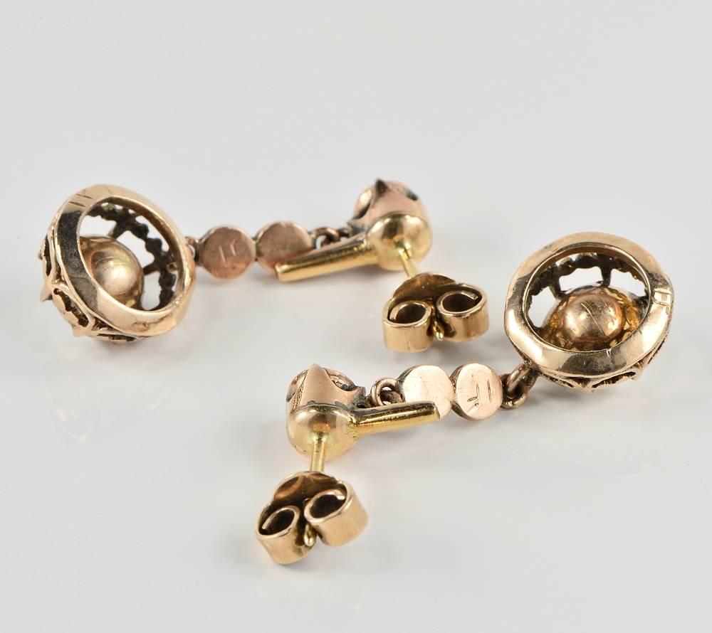 Georgian 3.90 Carat Dutch Rose Cut Diamond Gold Drop Earrings 1