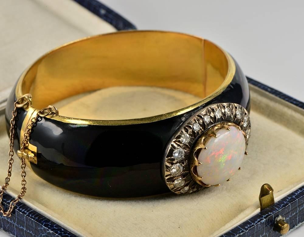 Women's 1870s Victorian 7.0 Carat Natural Harlequin Opal Diamond Enamel Gold Bangle For Sale