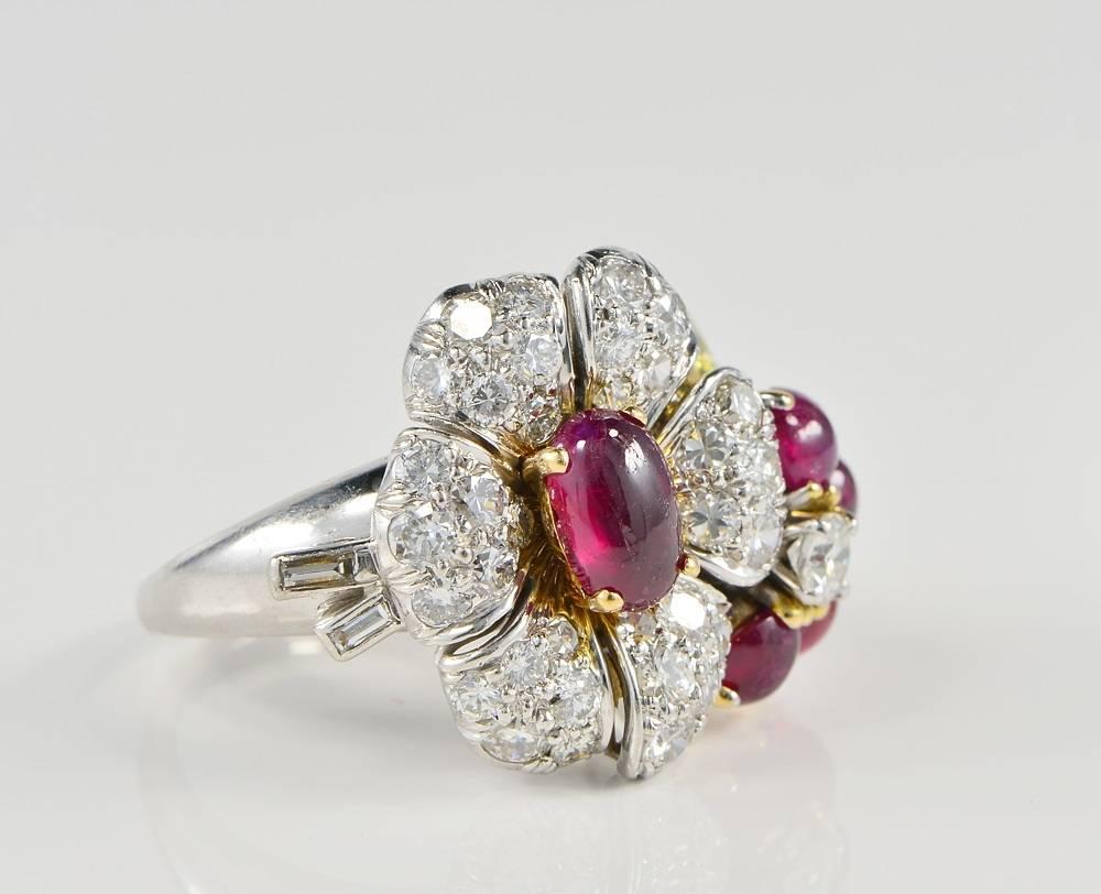 Modern 1960s Ruby Diamond Flower Platinum Gold Ring