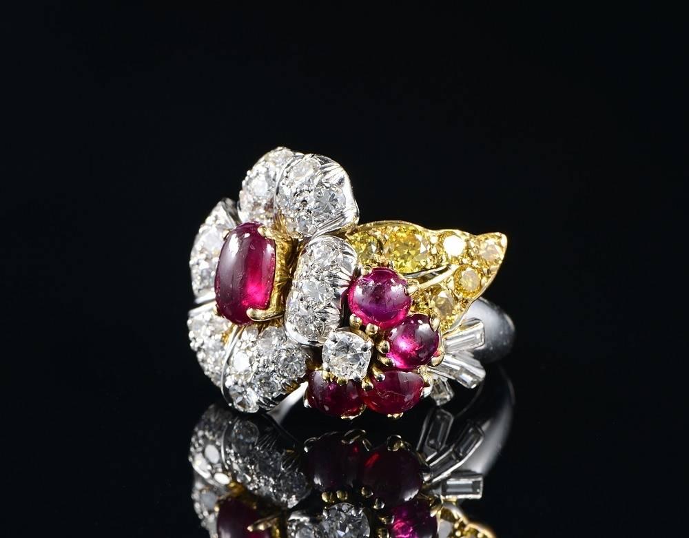 Baguette Cut 1960s Ruby Diamond Flower Platinum Gold Ring