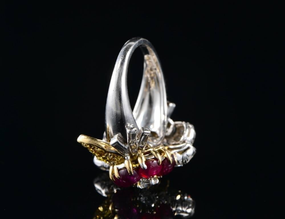 Women's 1960s Ruby Diamond Flower Platinum Gold Ring