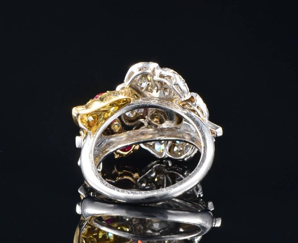 1960s Ruby Diamond Flower Platinum Gold Ring 1