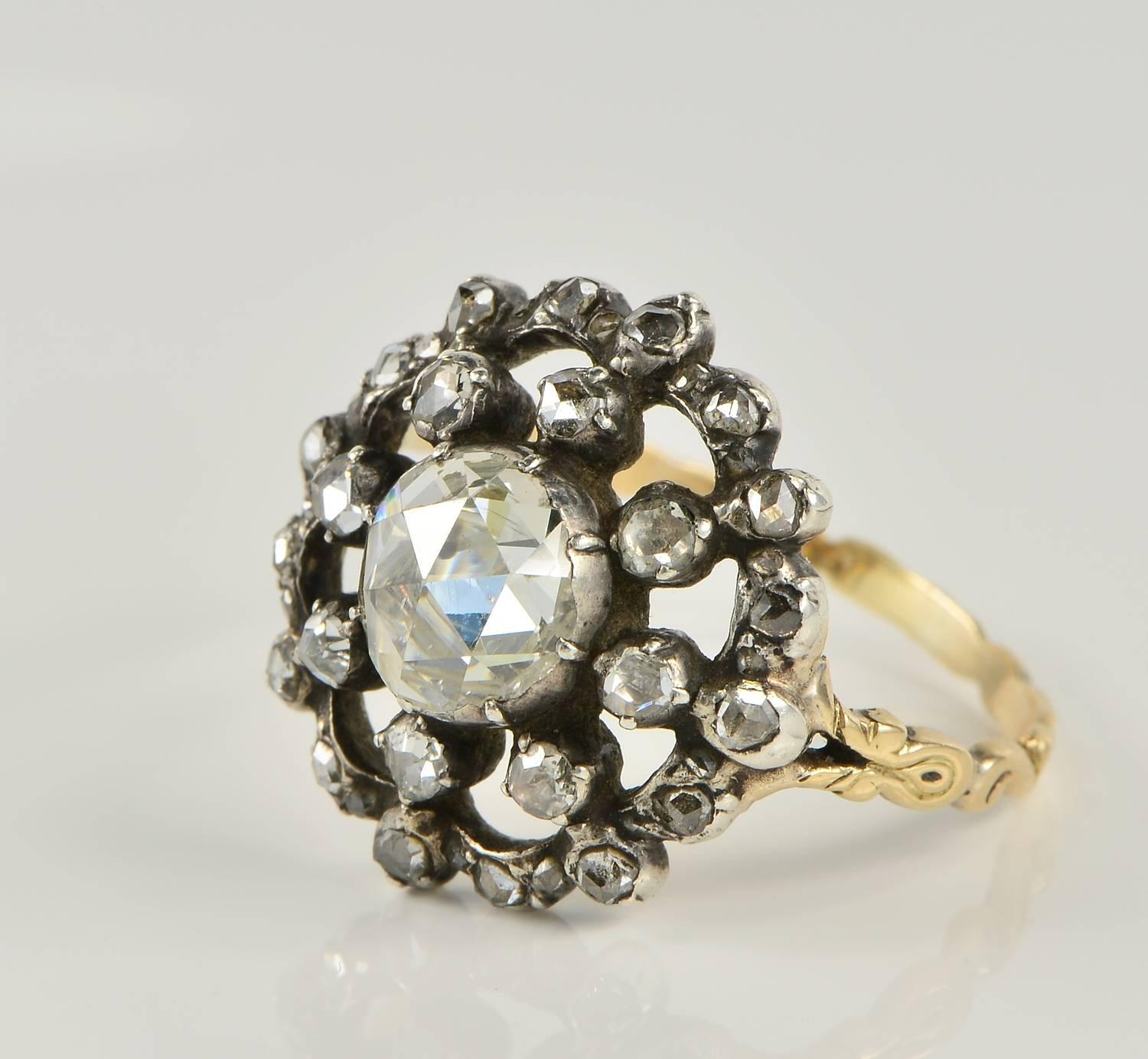 Antique Georgian 2.0 Carat Rose Cut Diamond Gold Ring For Sale 1