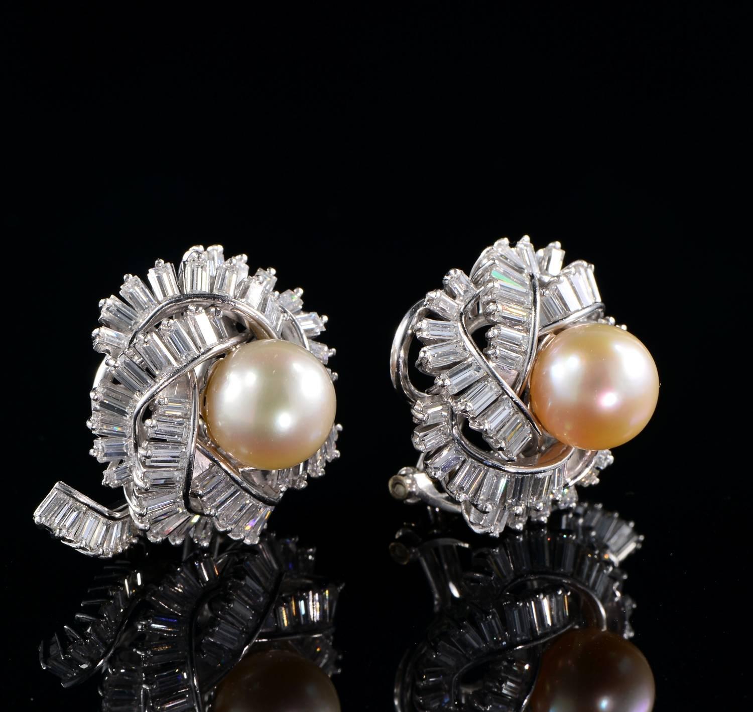 Contemporary Magnificent 1950s Diamond Round Pearl Platinum Earclips For Sale
