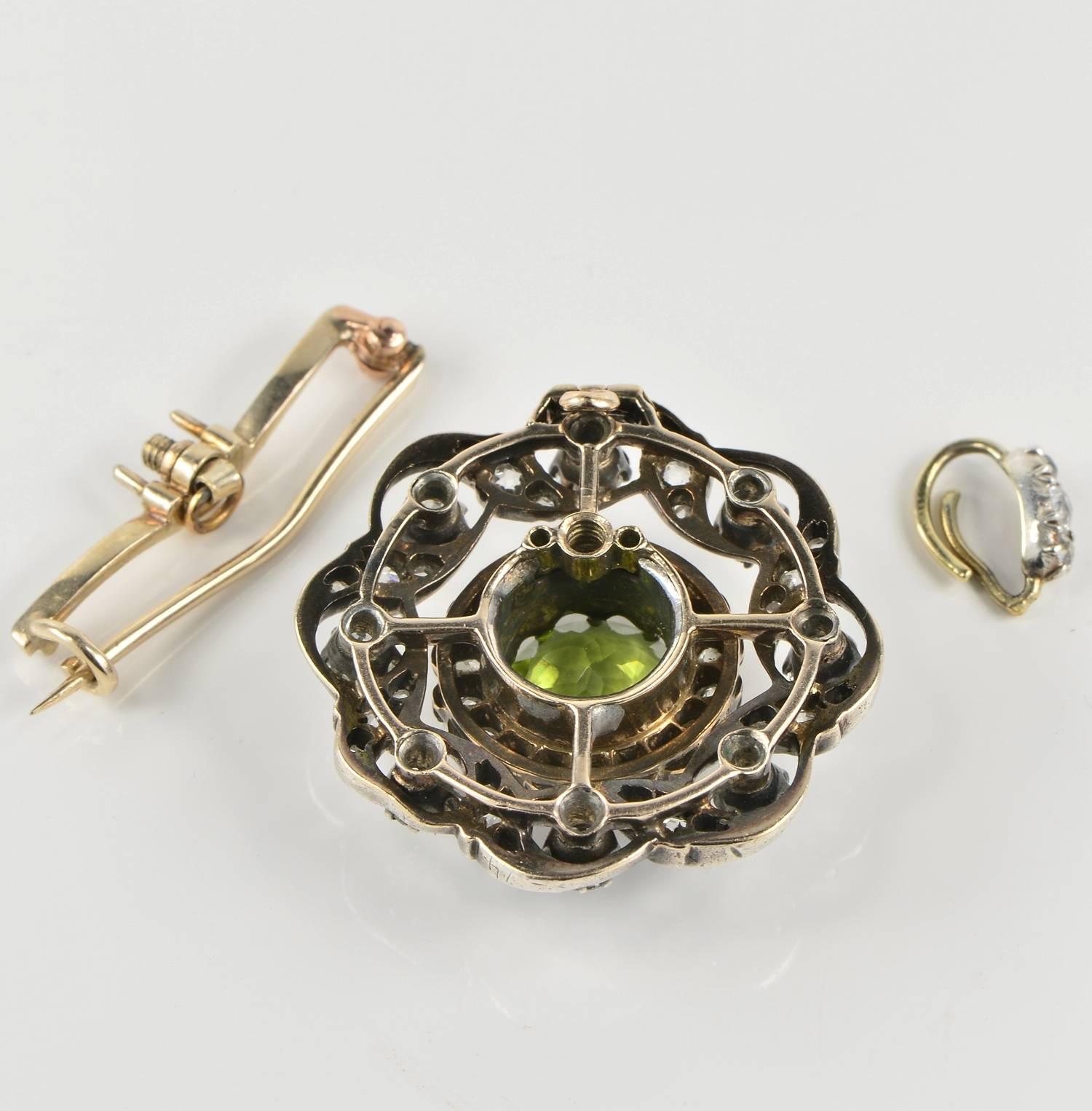 Victorian Natural Peridot Diamond Gold Pendant Brooch For Sale 2