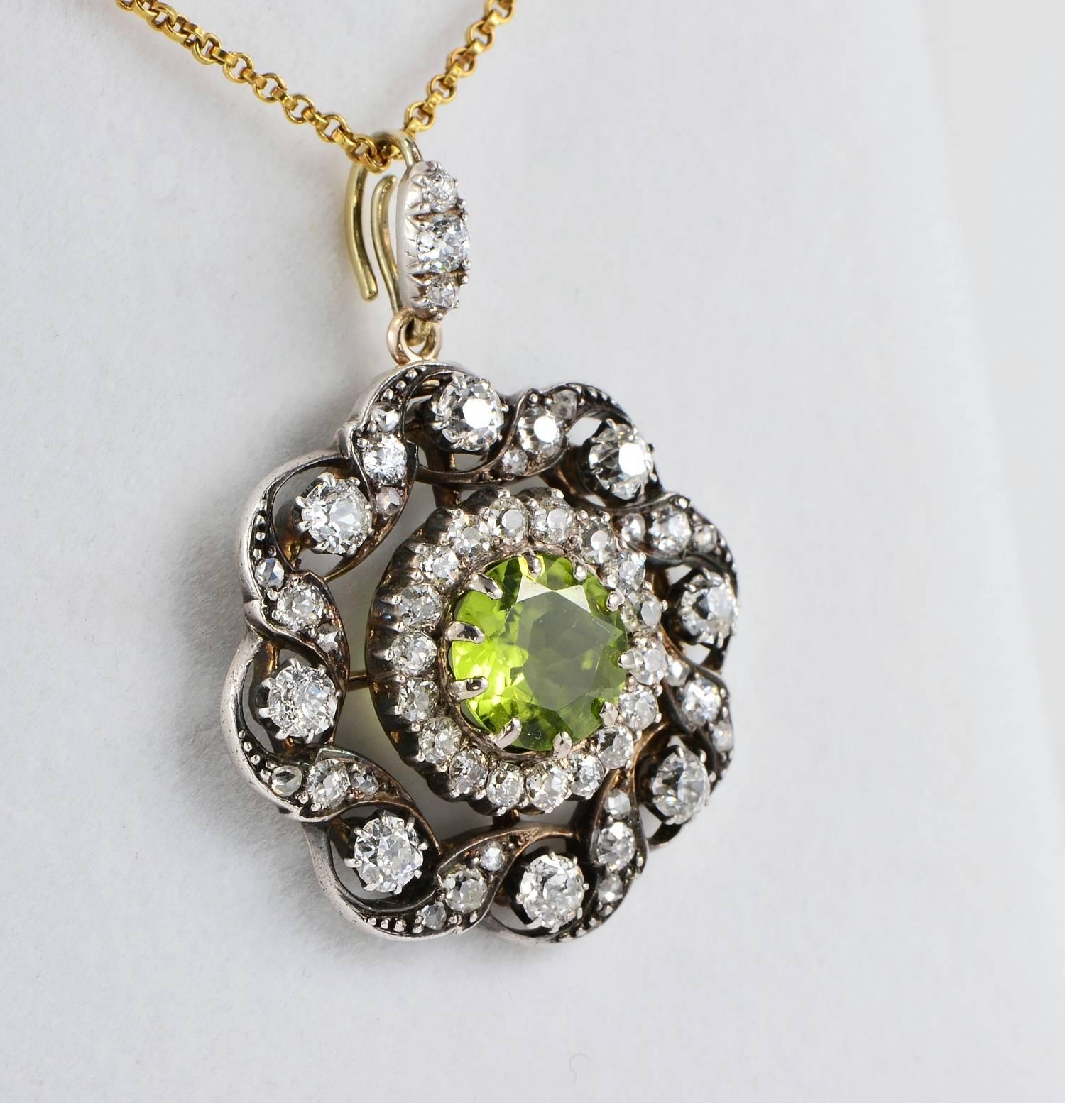 Victorian Natural Peridot Diamond Gold Pendant Brooch For Sale 1