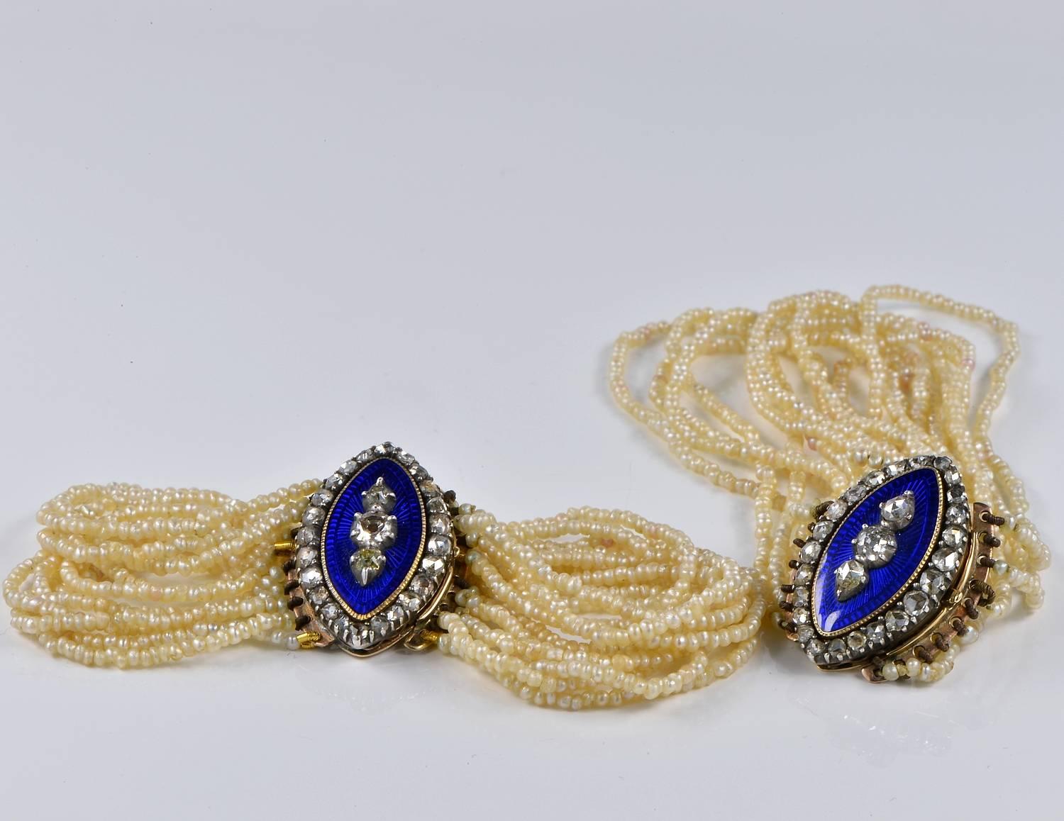 Rare Georgian period pair of bracelets can be turned in stunning choker too
1790/1800 ca.
Made of 16 KT solid gold with silver housing the Diamonds - not marked

Timeless, sensual combination of natural micro pearls in multi strands, Diamonds and