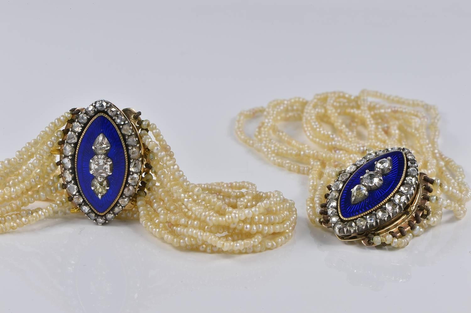 Pair of Georgian Bracelets Natural Pearl Diamond Royal Blue Enamel In Excellent Condition For Sale In Napoli, IT