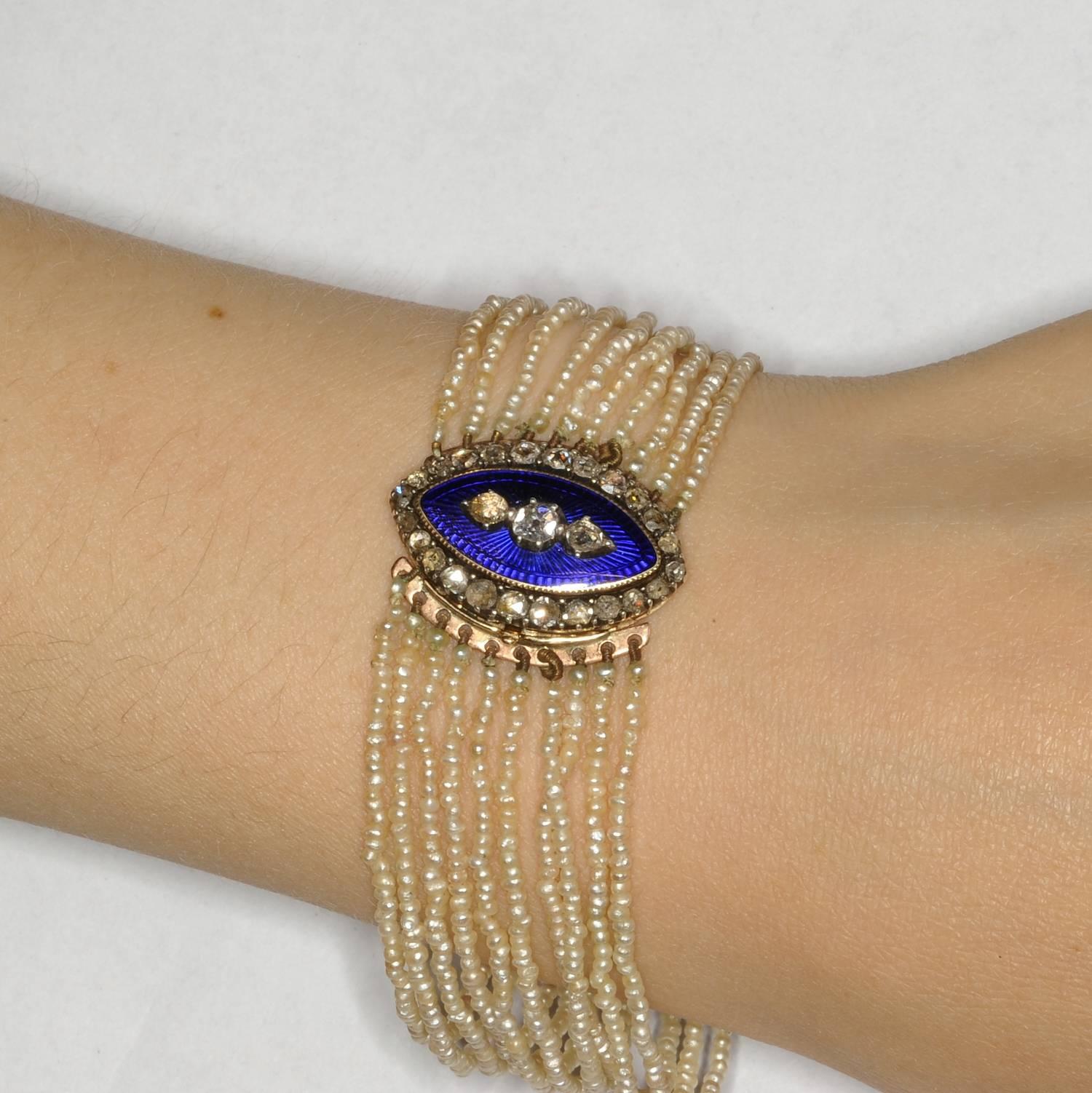 Women's Pair of Georgian Bracelets Natural Pearl Diamond Royal Blue Enamel For Sale