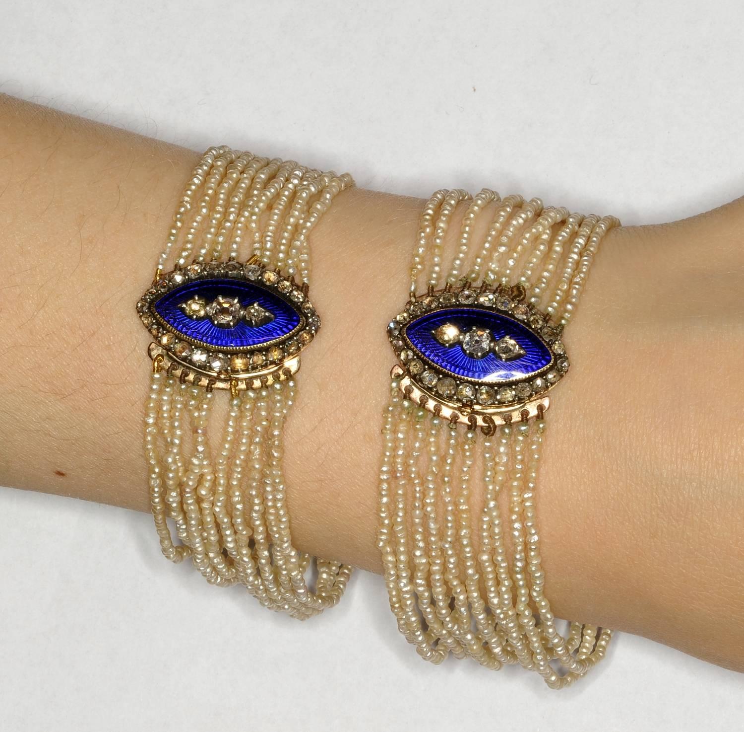 Pair of Georgian Bracelets Natural Pearl Diamond Royal Blue Enamel For Sale 1
