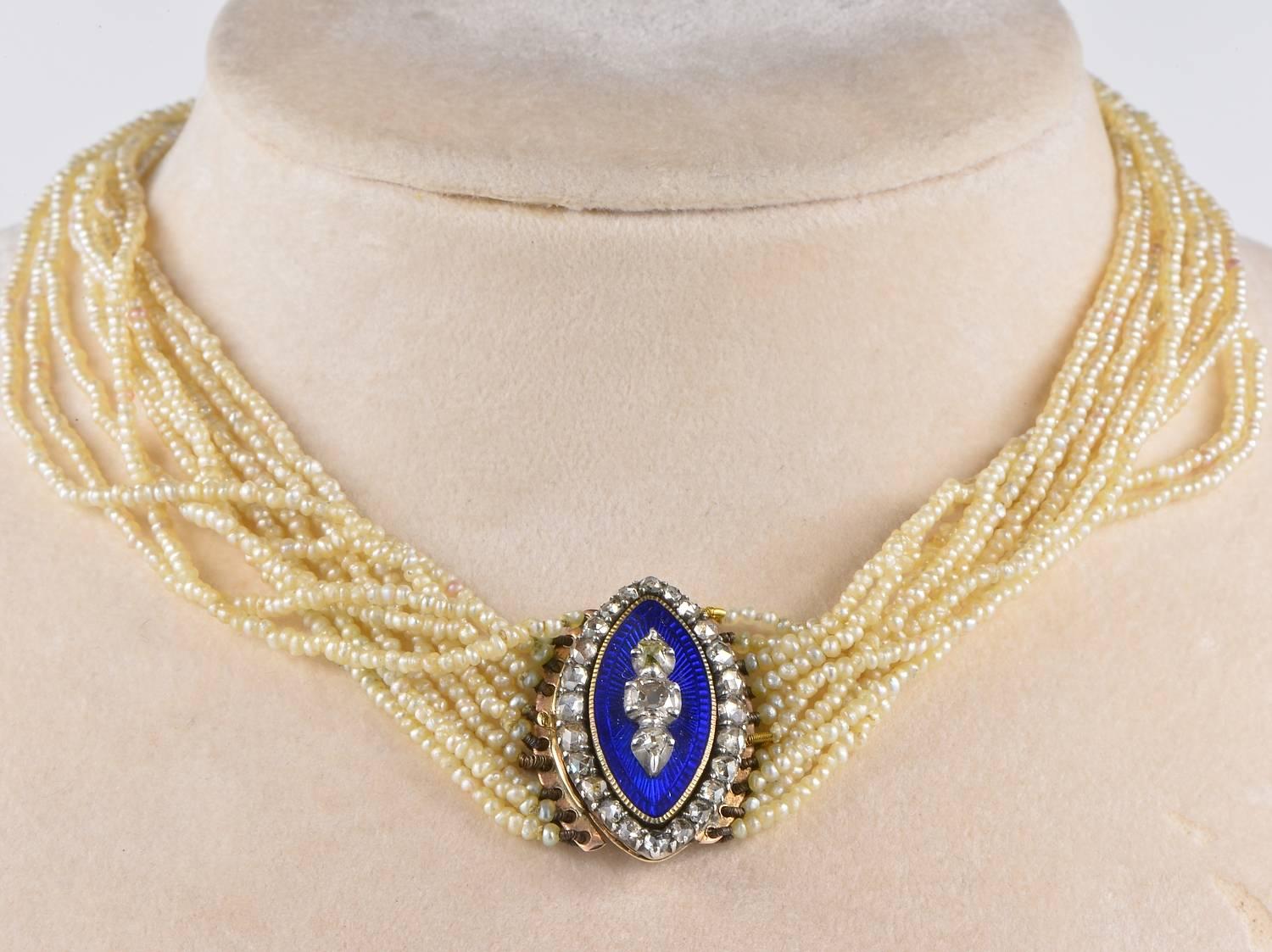 Pair of Georgian Bracelets Natural Pearl Diamond Royal Blue Enamel For Sale 3
