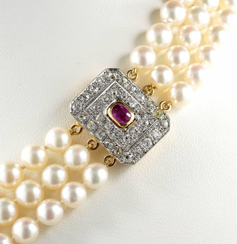 Vintage Triple Strand Akoya Pearl Ruby Diamond Clasp For Sale at 1stDibs akoya triple strand