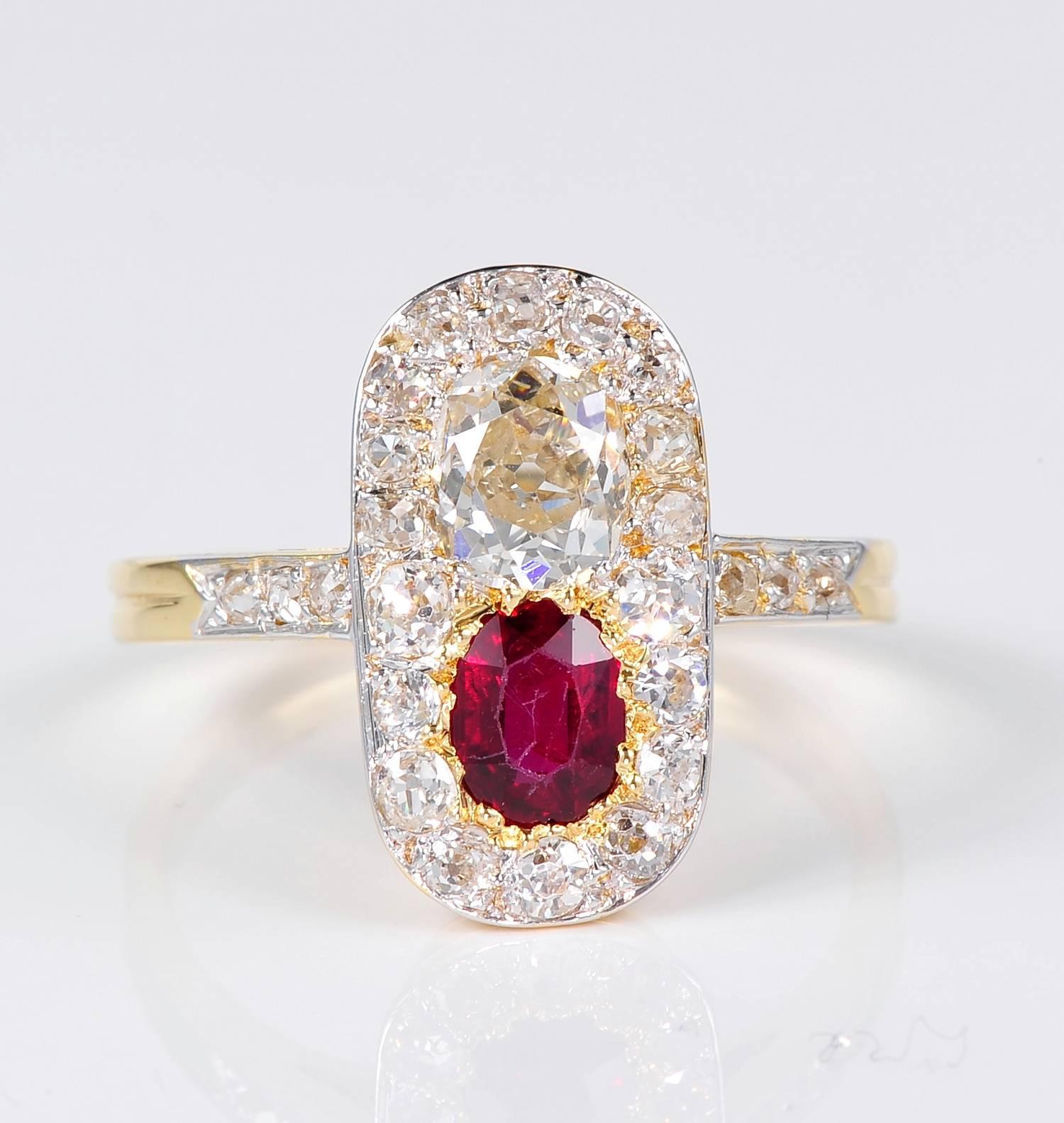 Eternal, not fearing time, Edwardian rare no heat Burma Ruby of the most vibrant red pigeoun blood colour .65 Ct. is set in a twin version
with an oval cushion cut old mine Diamond of deep cut being 1.0 Carat rated G/H VVS/SI
Surrounding border is