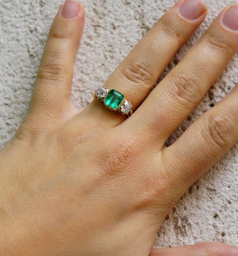 Victorian 2.90 Carat Natural Colombian Emerald 1.80 Ct Diamond Rare Trilogy Ring For Sale 6