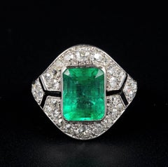 Certified Colombian Emerald Diamond Rare French Art Deco Ring