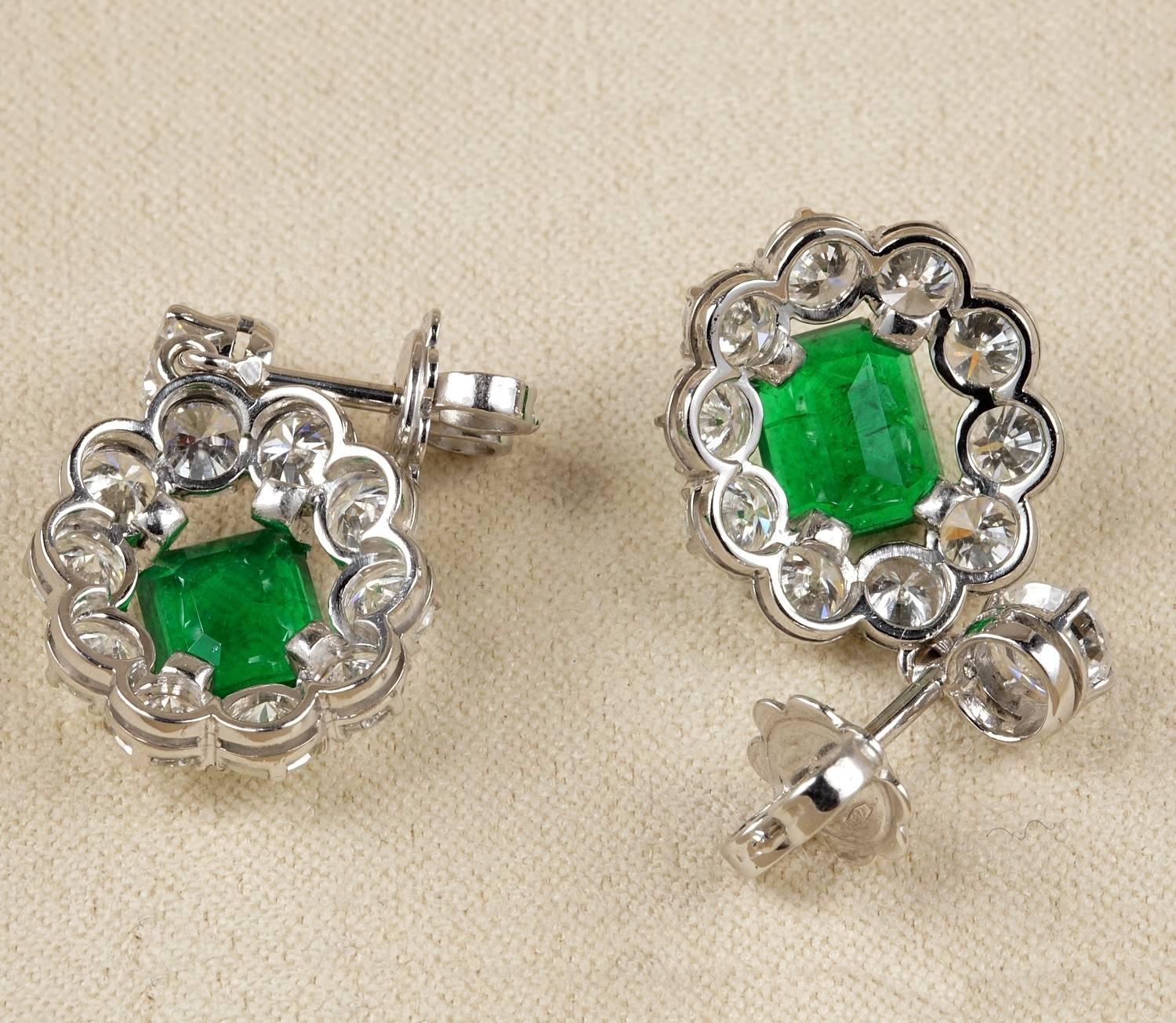 Women's Spectacular Vintage 2.00 Carat Emerald 4.50 Carat Diamond Platinum Earrings For Sale