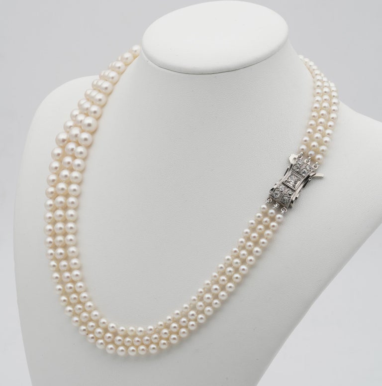 Art Deco Triple Strand Pearl Diamond Necklace, circa 1920 at 1stDibs