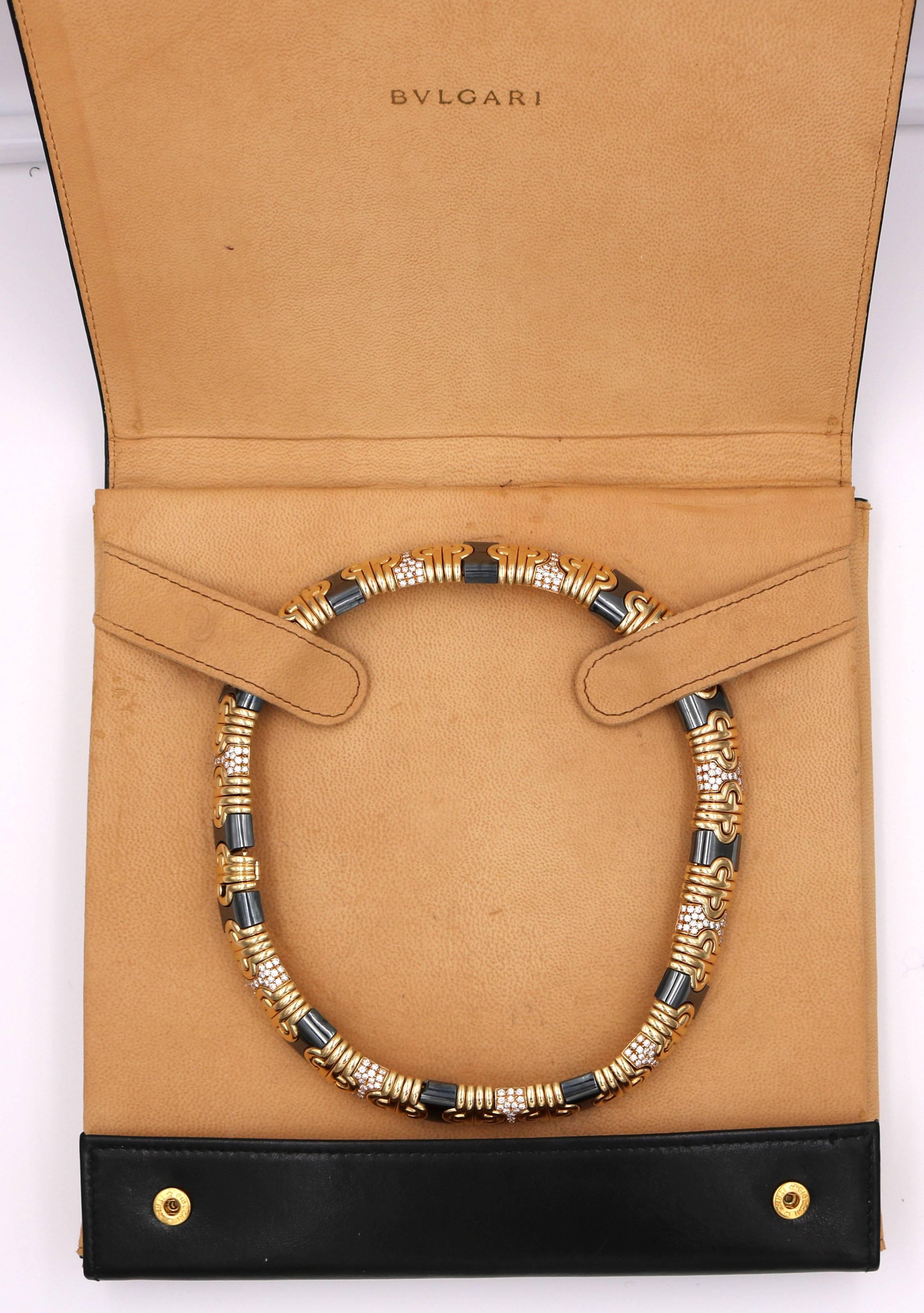 Women's Bulgari Parentesi Hematite Diamond Yellow Gold Necklace and Earrings Set For Sale