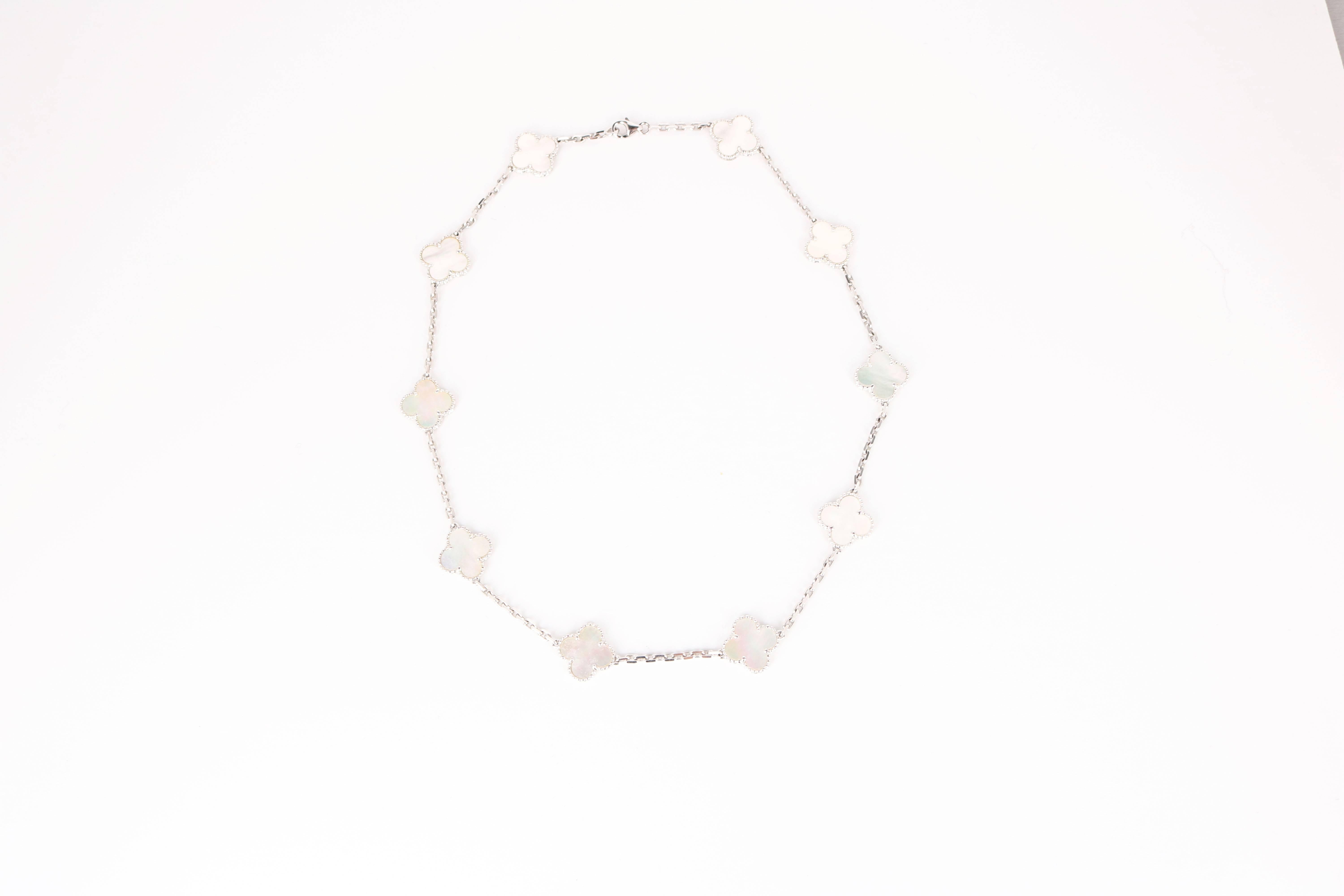 Van Cleef & Arpels Ten Motif Mother-of-Pearl White Gold Alhambra Necklace In Excellent Condition In Beverly Hills, CA