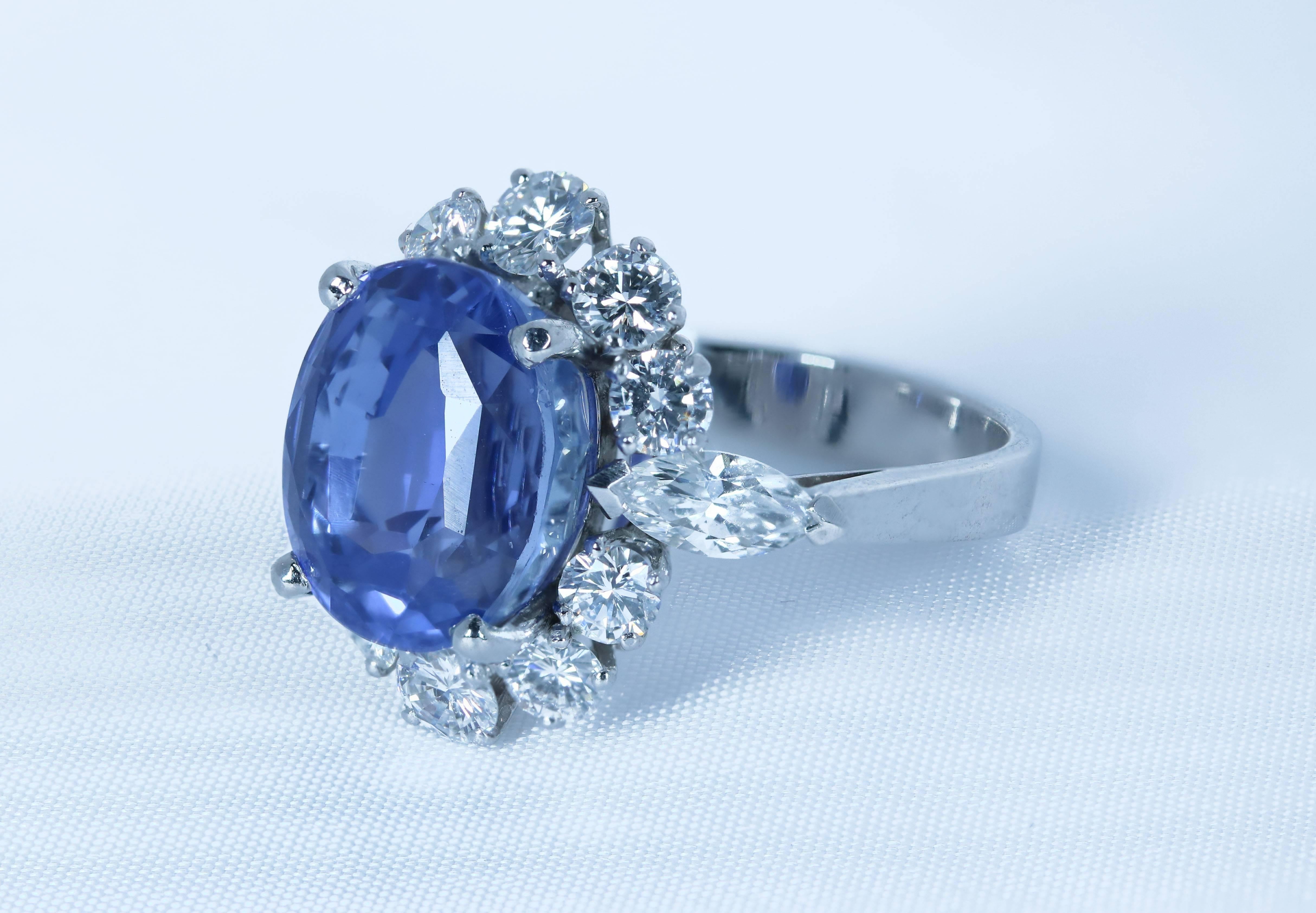 18K white gold oval Ceylon sapphire 9.19 carats surrounded by 12 diamonds weighing approximately 2 carats
GIA Certificate #2185327478 “Sri Lanka, No Indications of Heating”
