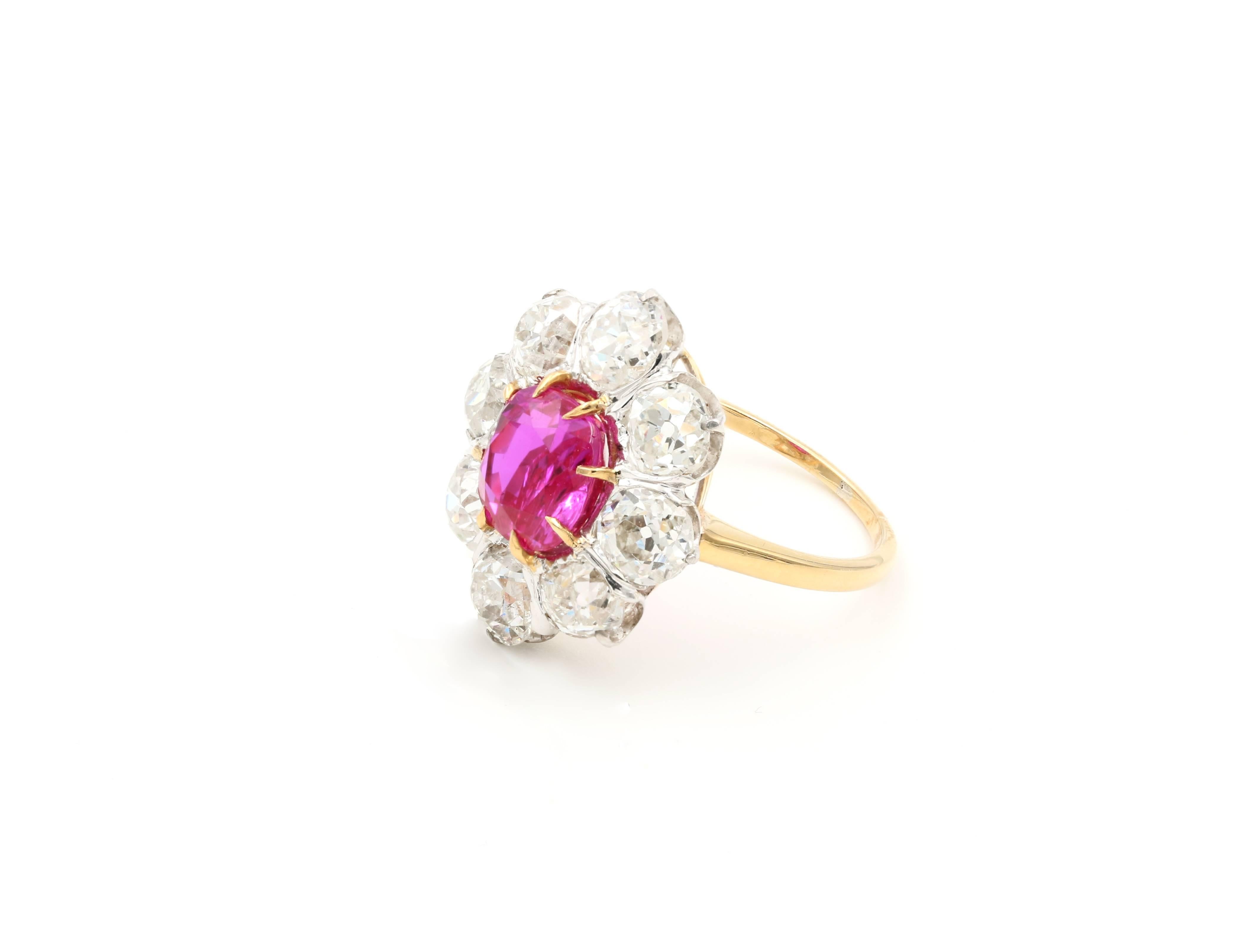 A vintage French ring with a saturate 3.36 carat Unheated Burmese Ruby surrounded by approximately 4 carats of old mine diamonds in a Platinum/18K yellow setting

French hallmarks

Laboratoire de Gemmologie Certificate #195192 “Myanmar (Burma), No