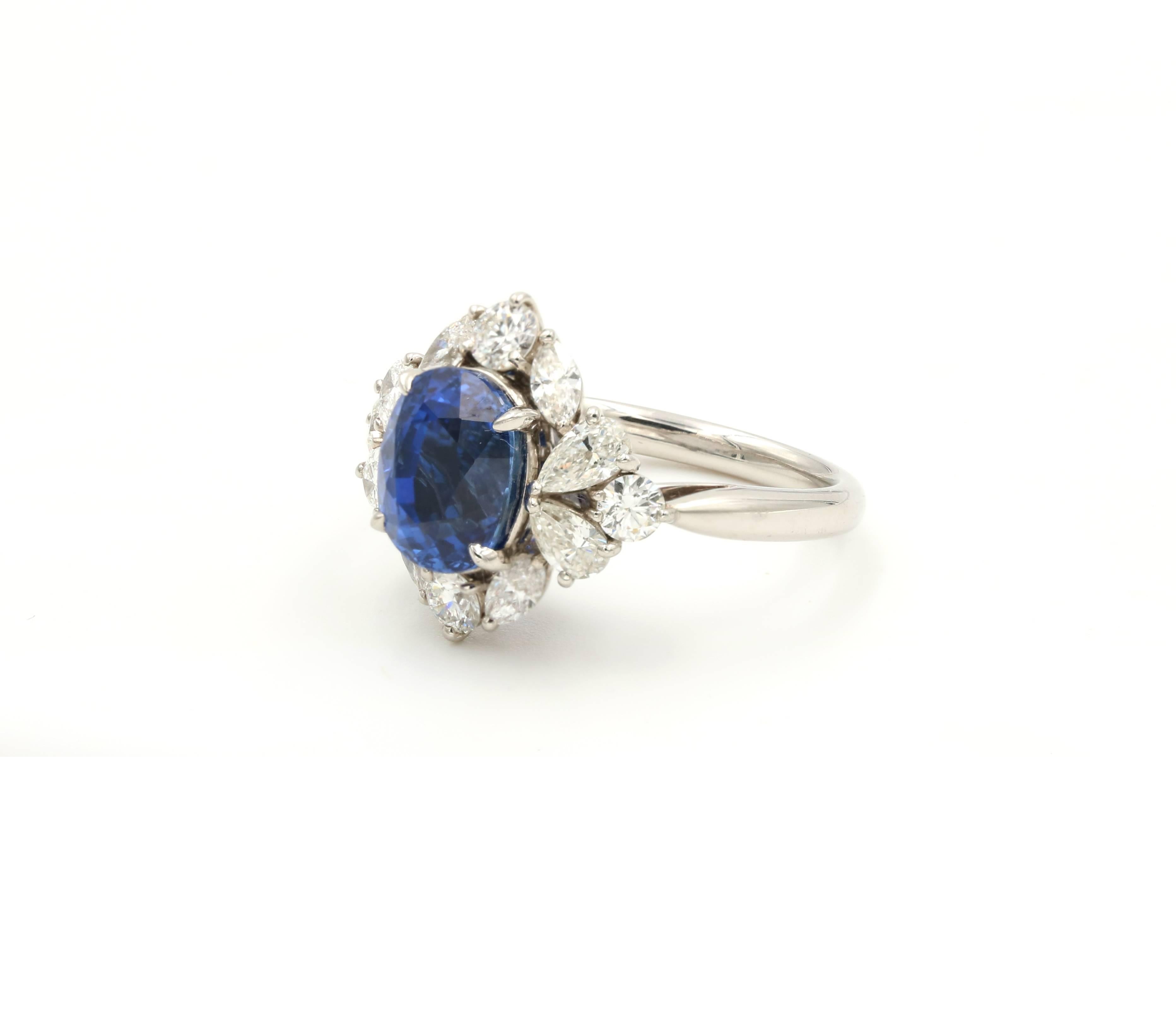 Platinum ring with a perfectly cut 3.81 carat sapphire surrounded by elegant 1.26 carats of diamonds

GIA certificate #1172184585 “Natural sapphire, Heated” 
