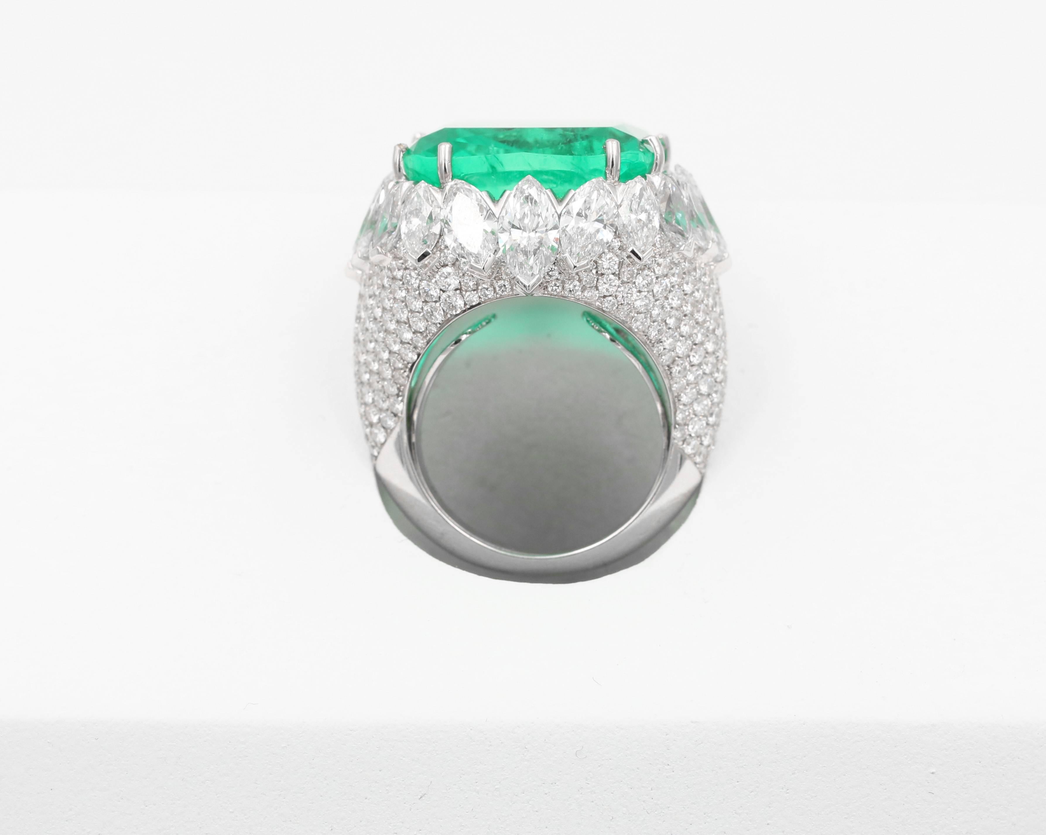 18K white gold 25.45 ct Colombian cushion emerald and diamond ring
GRS Certificate GRS2017-037541 “Colombian”, “Insignificant Oil” 
GIA Certificate 5181819629 “Colombian” “Minor Oil”
