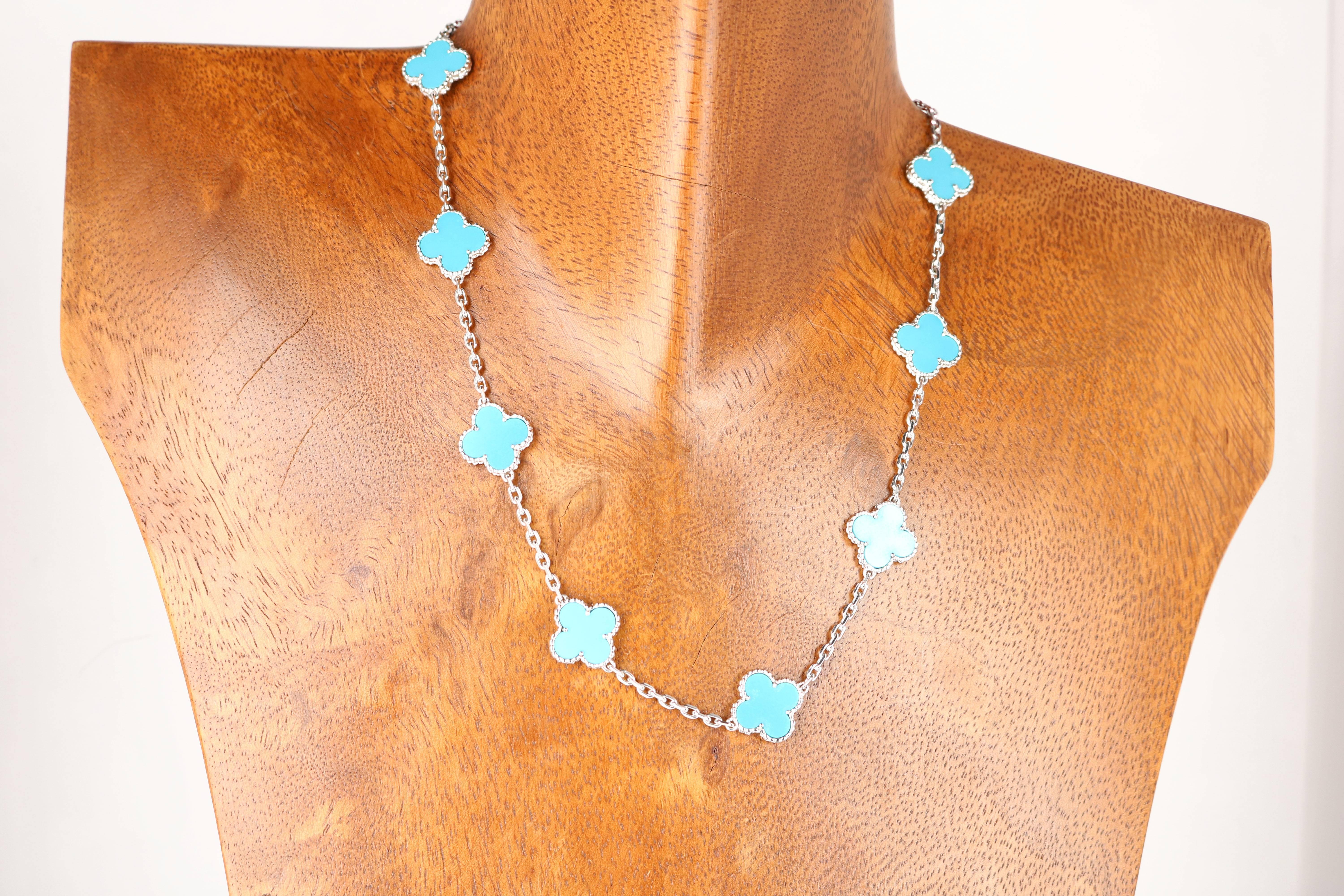 Van Cleef & Arpels Turquoise Alhambra White Gold Necklace In Excellent Condition In Beverly Hills, CA