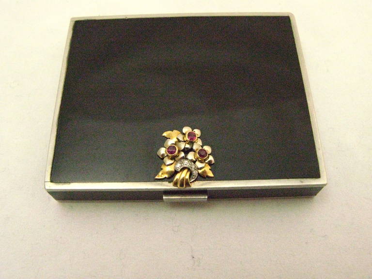 Art Deco Enamel Ruby Diamond Silver Compact/Box For Sale 2