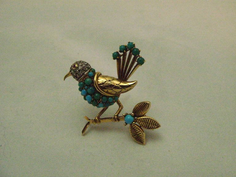 Boucheron Turquoise Ruby Diamond Gold Bird Brooch