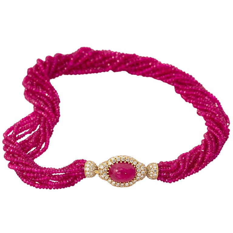 Unheated Burma Ruby Torsade Necklace with Cartier Ruby Diamond Clasp For Sale