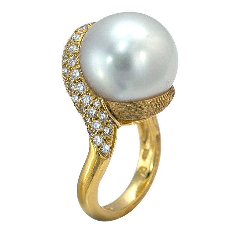 Henry Dunay Cultured South Sea Pearl Diamond Ring with Sabi Finish For ...