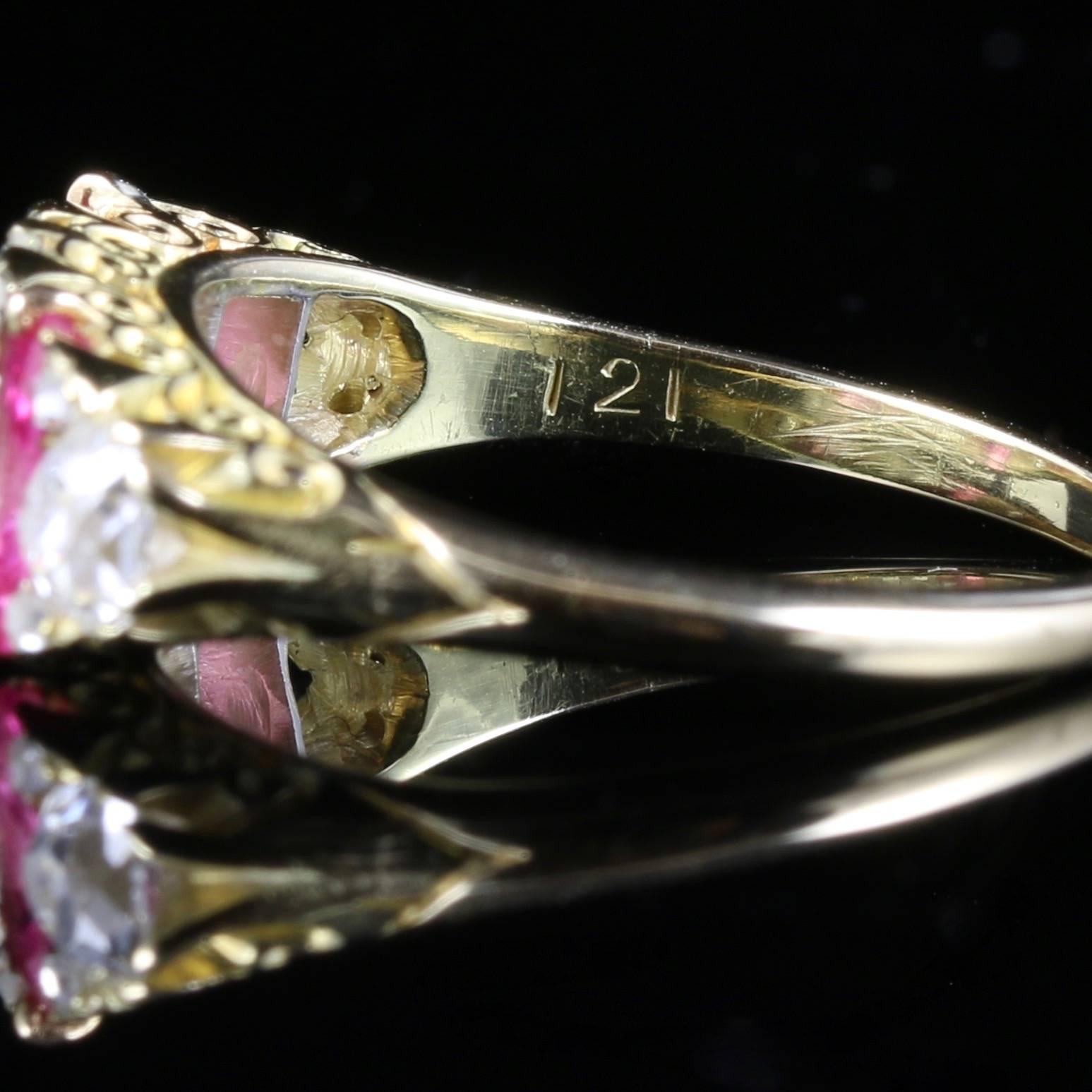 This beautiful Antique Victorian ring boasts 1.50ct of Diamonds and 1.20ct of Rubies

Circa 1900

Boasting a 1ct Old Cut Diamond in the centre which is VS1 Clarity  H colour.

Two beautiful rich pink Rubies sit each side of the large Old Cut