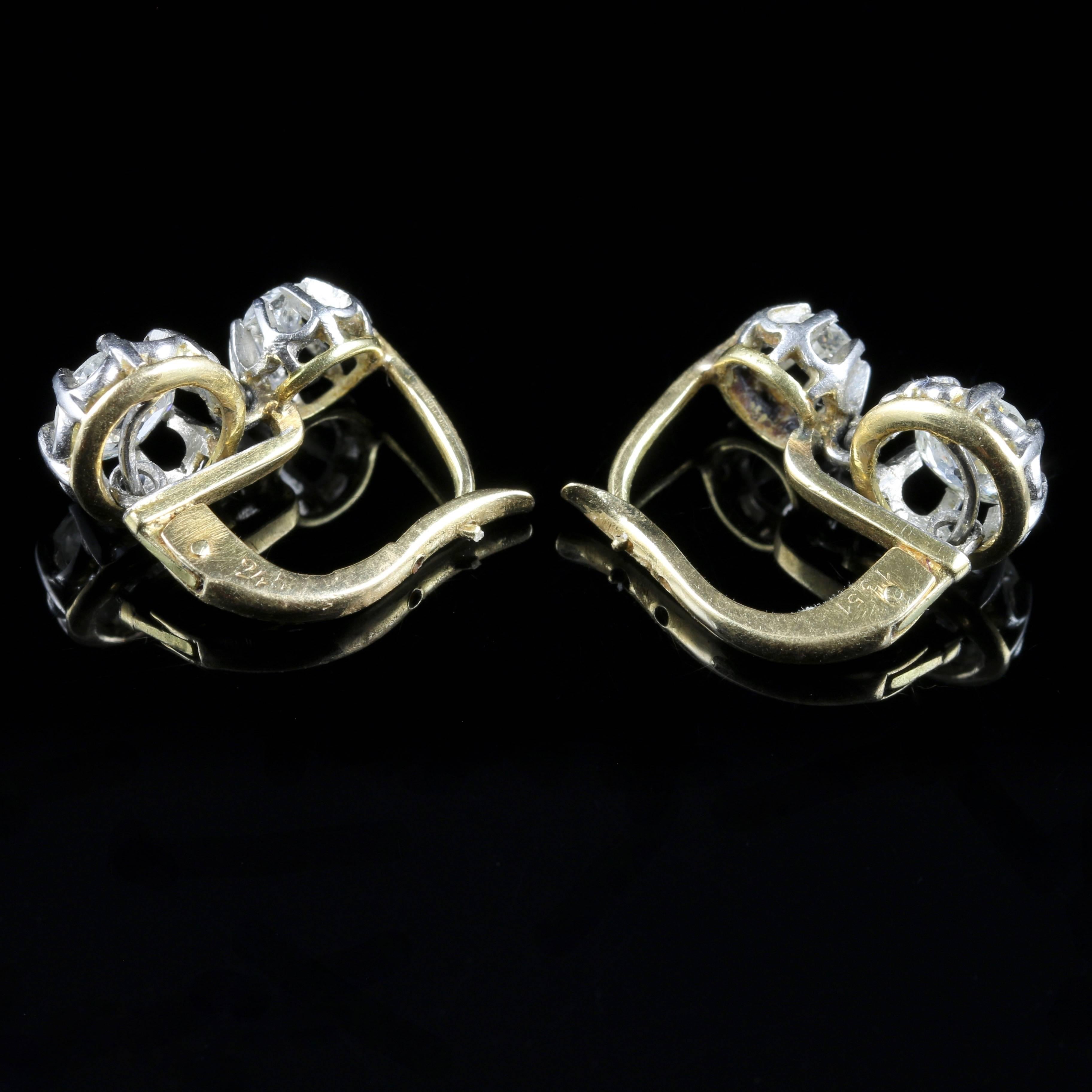 Antique Victorian French 1.66 Carat Old Cut Diamond Gold Double Drop Earrings In Excellent Condition In Lancaster, Lancashire