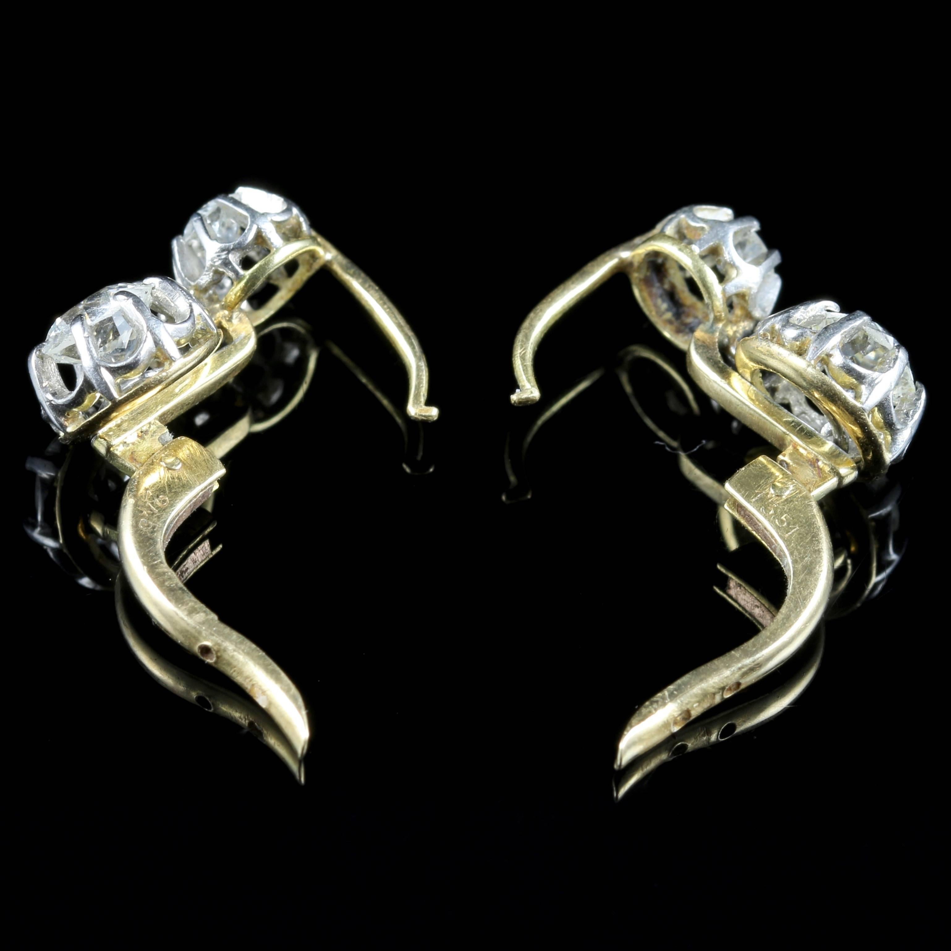 Women's or Men's Antique Victorian French 1.66 Carat Old Cut Diamond Gold Double Drop Earrings